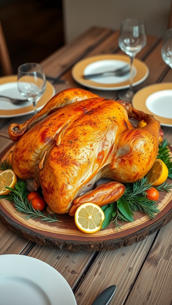 Herb-roasted turkey on a wooden table, garnished with herbs and lemon slices.